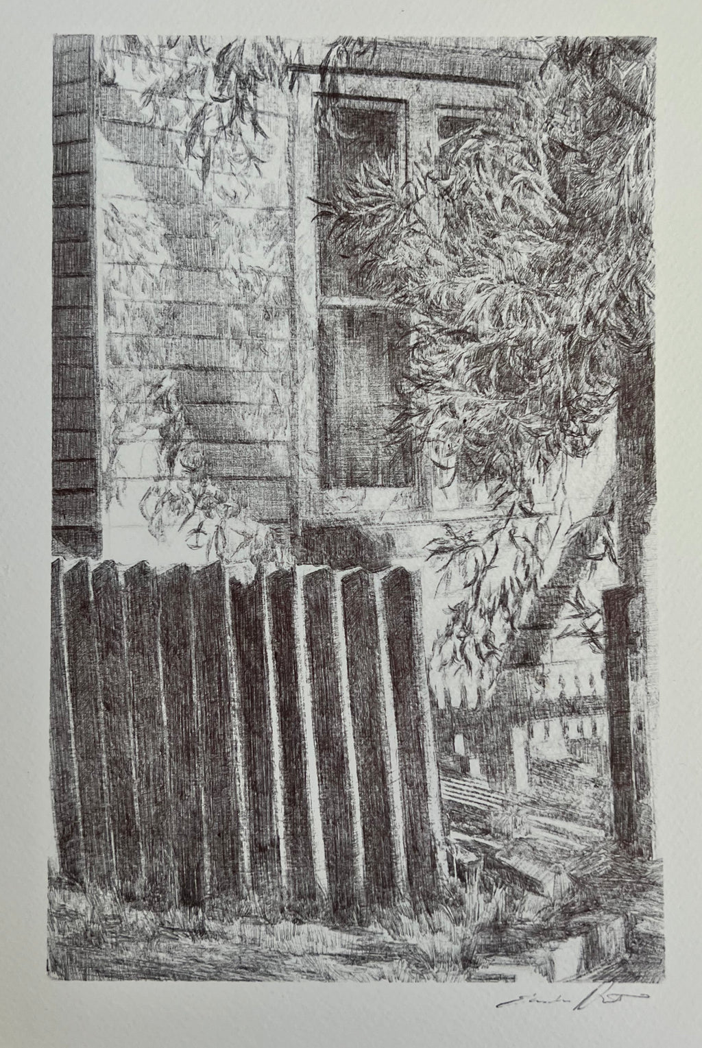 Pen on paper illustration, framed. Suburban.