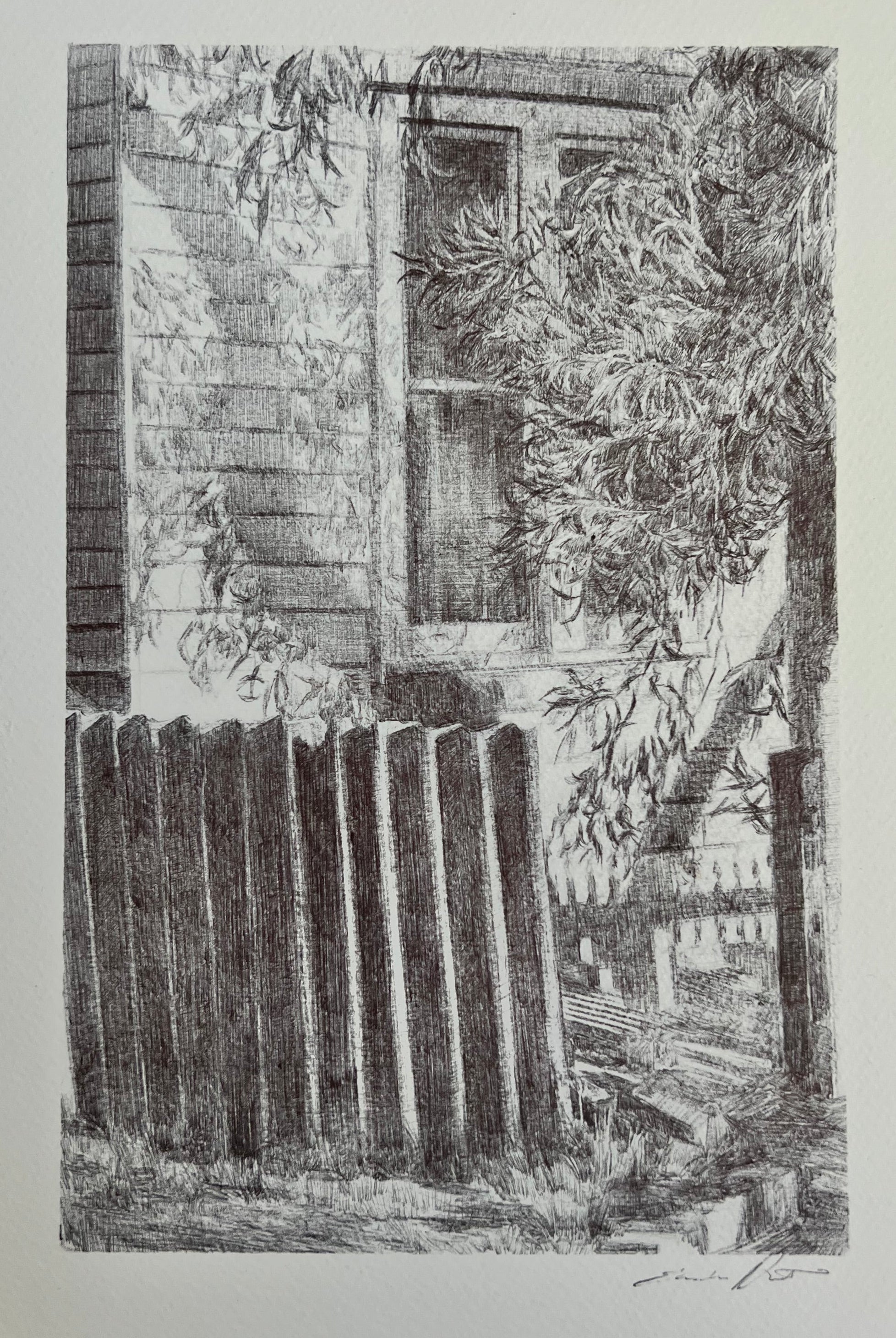 Pen on paper illustration, framed. Suburban.