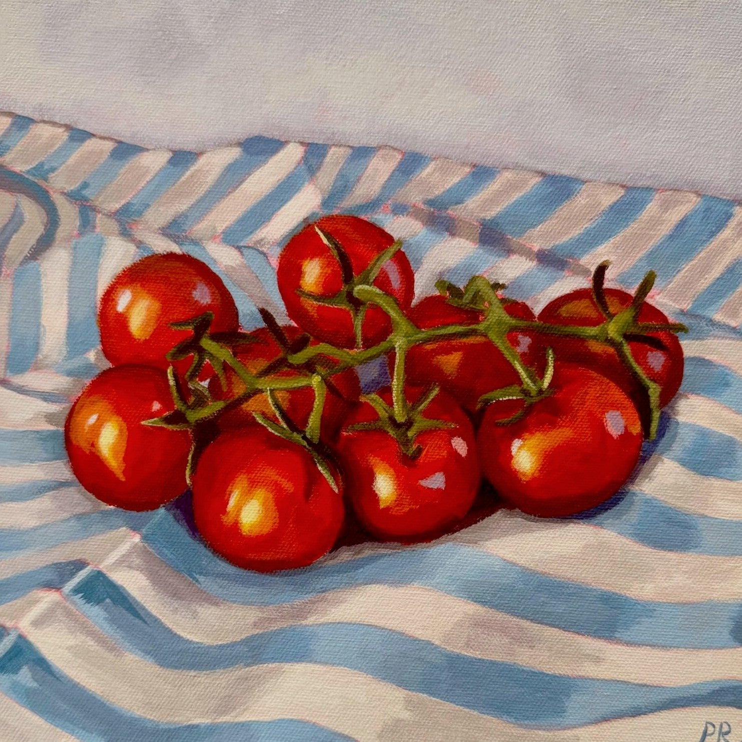 'Cherry tomatoes on blue stripes’ by Pia Reynolds