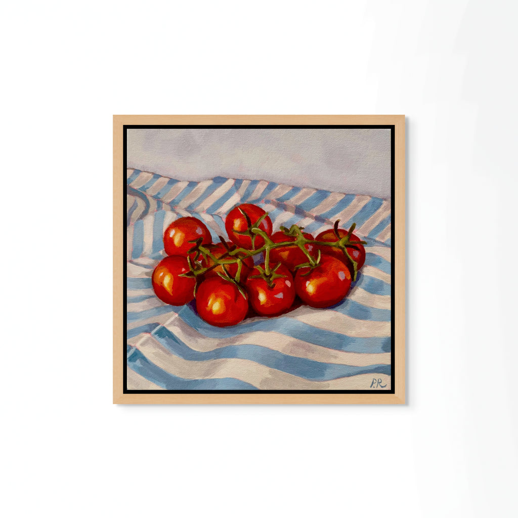 'Cherry tomatoes on blue stripes’ by Pia Reynolds