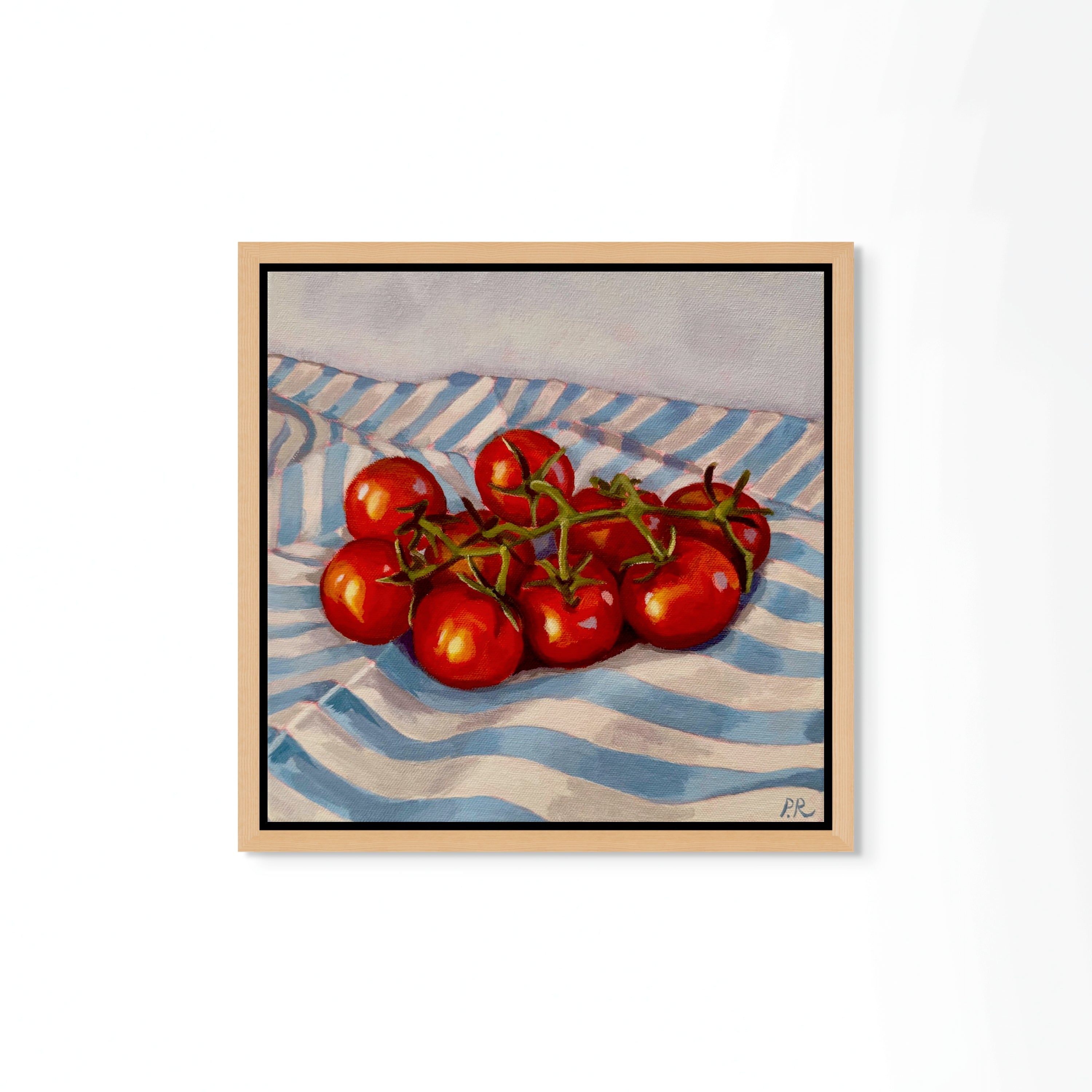 'Cherry tomatoes on blue stripes’ by Pia Reynolds